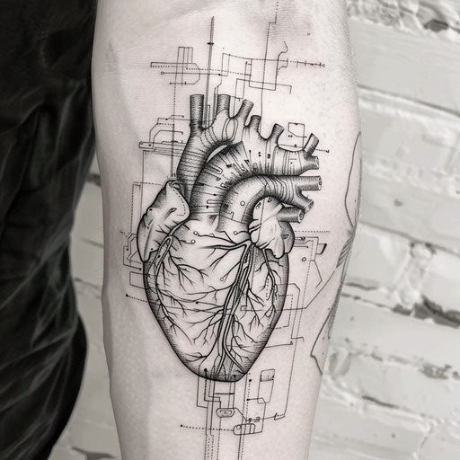 Cyberpunk style anatomical heart tattoo on white background