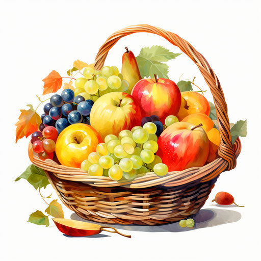 Fruit basket in Oil painting style, on white background