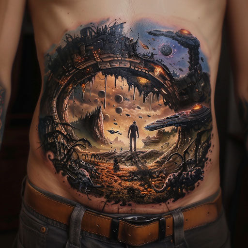 Sci-fi landscapes and futuristic themes in J.P. Targete's stomach tattoo style