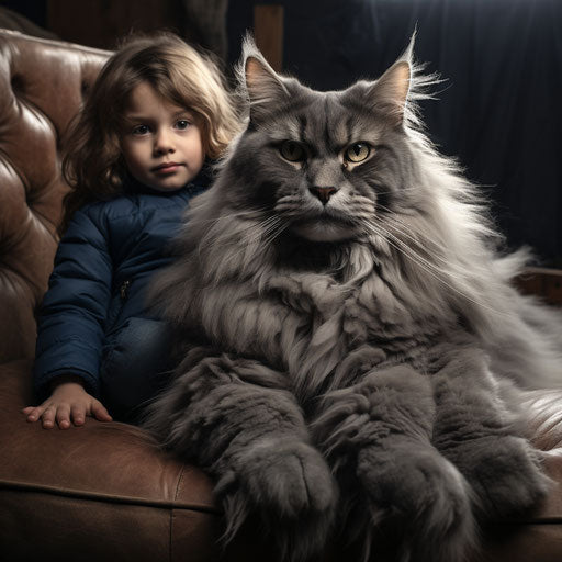 A child holds a big fluffy cat