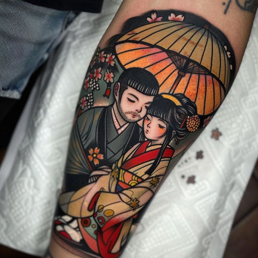 father daughter tattoos with Japanese influences, Ami James style