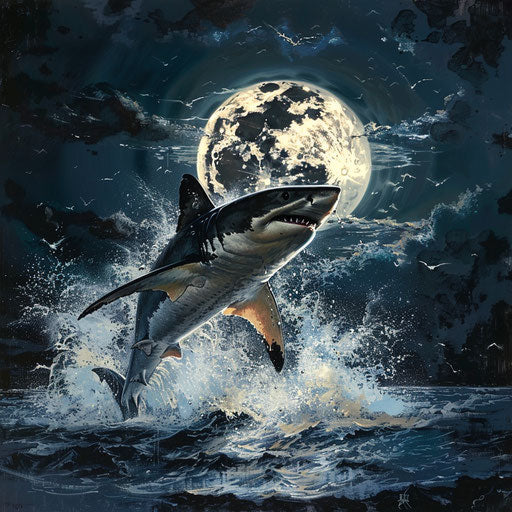 Tiger shark leaping out of water under the full moon