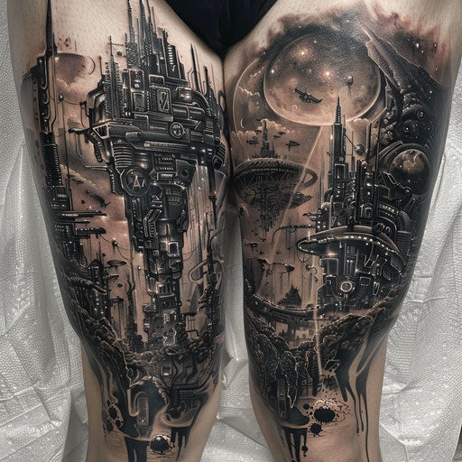 Futuristic men's thigh tattoos: advanced technology and alien landscapes