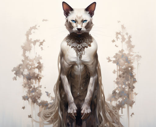 Siamese cat on white background, Karol Bak style, N & S dynasties, explosive pigmentation, dark beige, Agustín Fernández, fawncore, HD 31:25