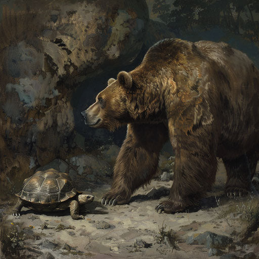 Meeting of a grizzly bear and an old wise tortoise