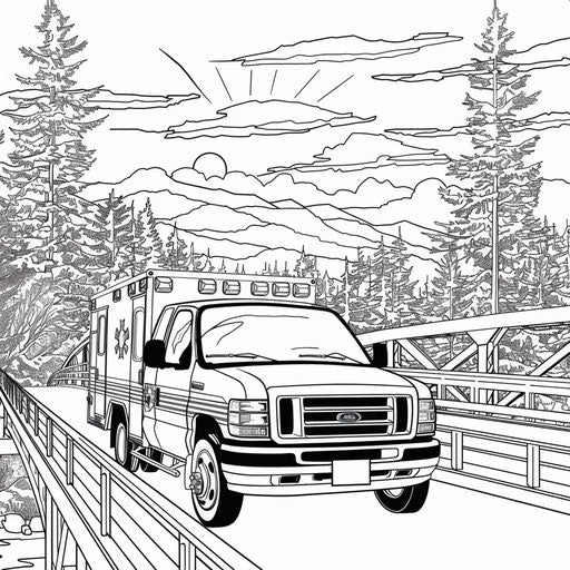 Ambulance crossing a bridge with a beautiful sunset