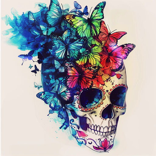 Create a sugar skull tattoo with a spectrum of butterflies around the eye sockets