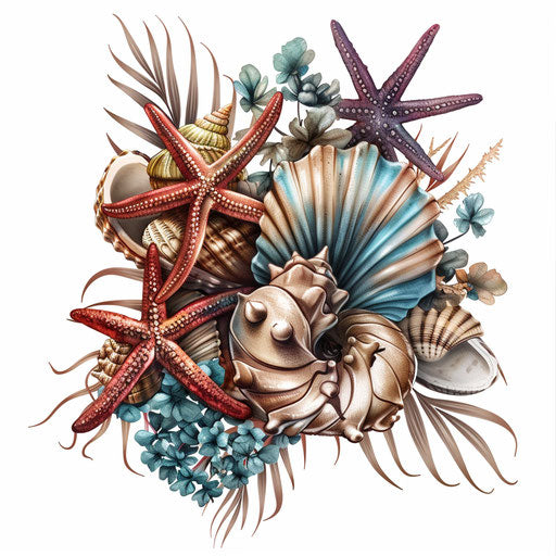 Naturalistic tattoo sketch of beach shells and starfish