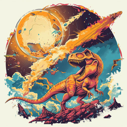 Dynamic flat tattoo sketch of a T rex chasing a comet