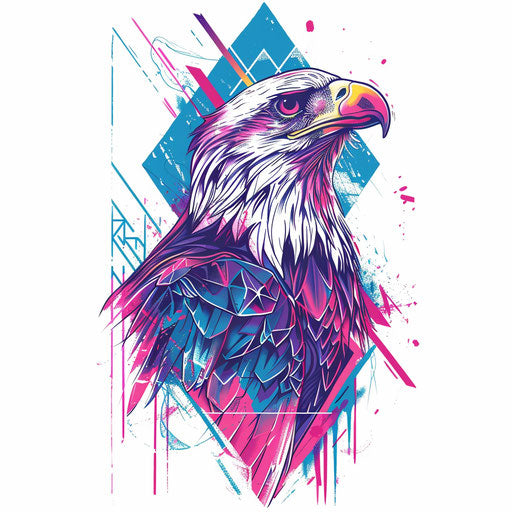 80's style eagle tattoo design, neon colors and geometric shapes