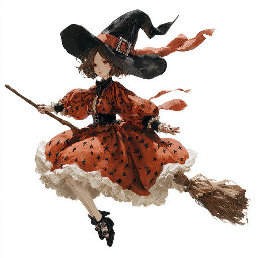 Dynamic Flight of a Young Witch in Vibrant Colors