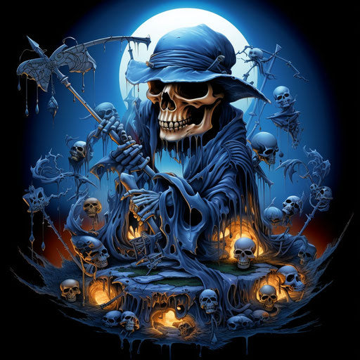 Blue skull tattoo with scythe and pool sticks