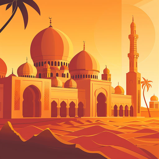 Realistic Islamic clipart on a flat orange background, highlighting bold shadows and vibrant detailing