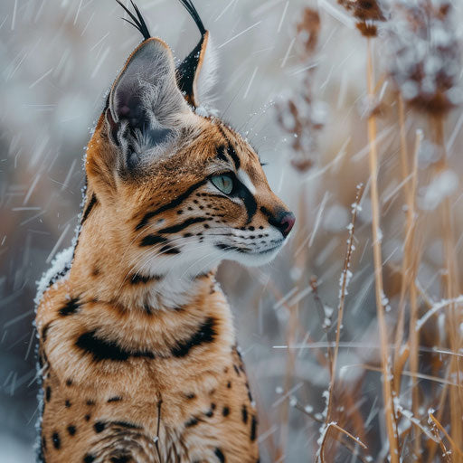 A serval cat in a field while it is snowing