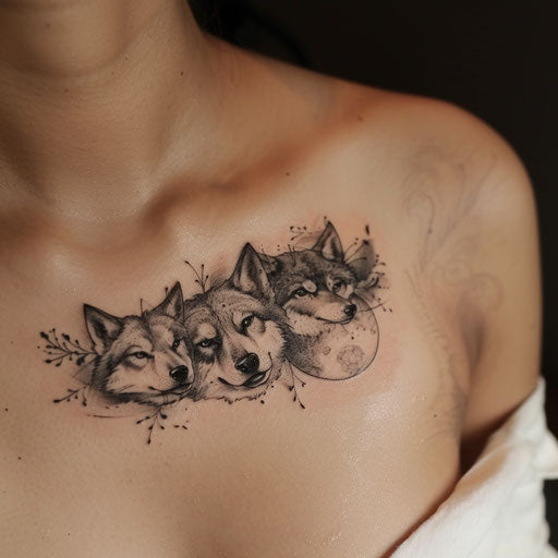 Realistic wolves and moon collarbone tattoo in black and gray