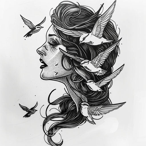 Flat tattoo sketch inspired by art deco with woman and birds