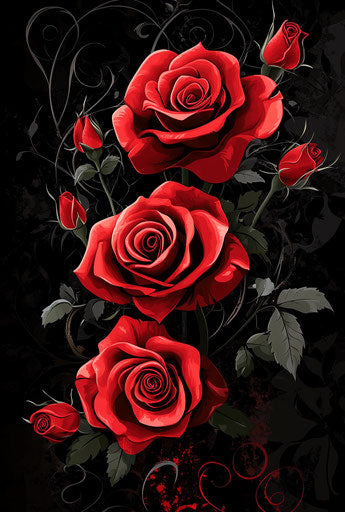 Red roses, dark fantasy, black background, gothic, floral pattern