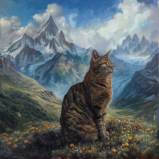 Tortoise and cat sitting in front of mountain scenery