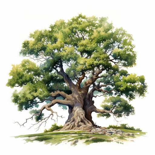 Illustration of an oak tree in the style of Impressionistic Art, on white background