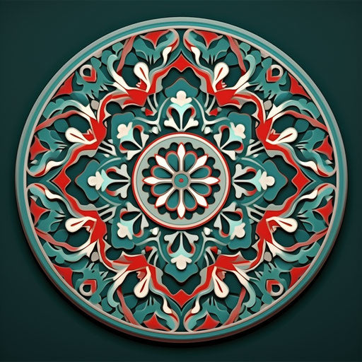 Iranian ornament in red and green circle, dark turquoise