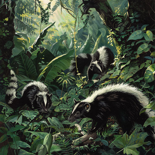 Family of eastern spotted skunks foraging for food in a lush forest during early morning