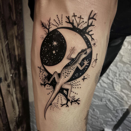 Bold and Dark Flat Tattoo Sketch with a Gecko Silhouetted against the Moon