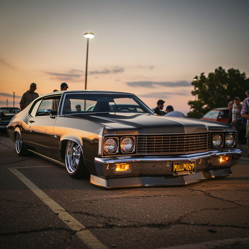 Sleek and low, a slammed 1976 Malibu Classic with air suspension, at a car enthusiast meetup.