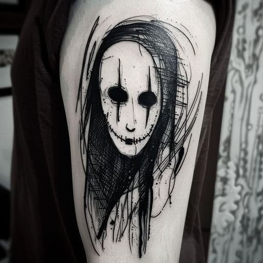 Bold tattoo sketch of No-Face with high contrast black and white tones