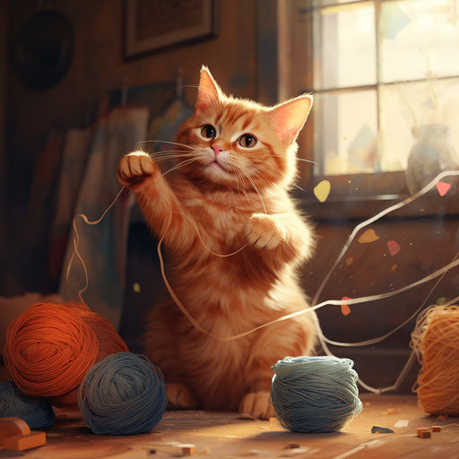 Ginger cat playing with yarn