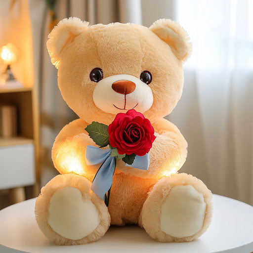 Charming teddy bear with red rose on white table