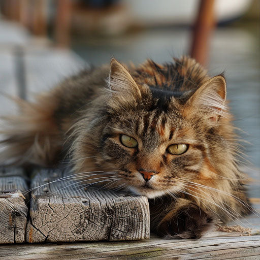 Tortoise cat lying on a dock