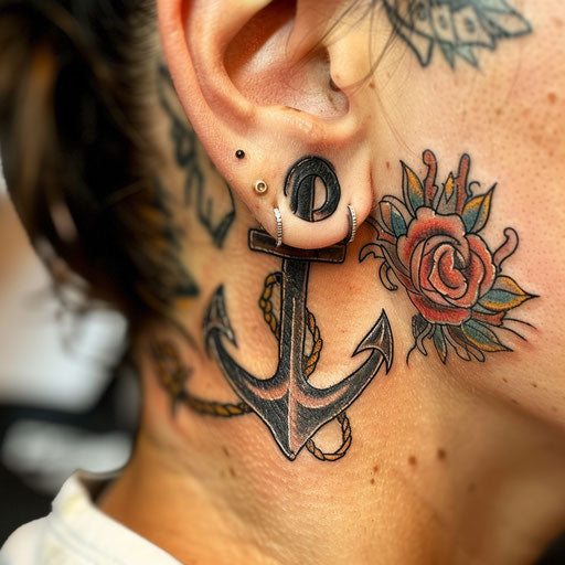 Ear tattoos in Sailor Jerry style featuring a nautical anchor