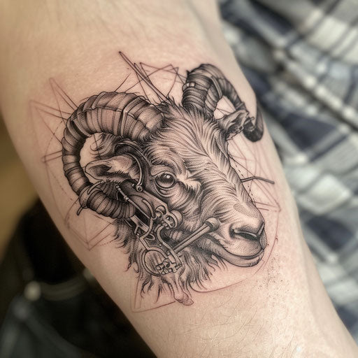 Biomechanical style black sheep tattoo, organic and mechanical features on white