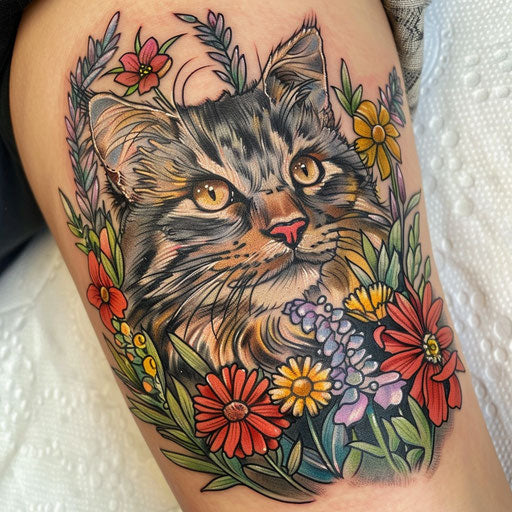 Wildflower tattoo with cat, playful elements, bright colors, detailed feline