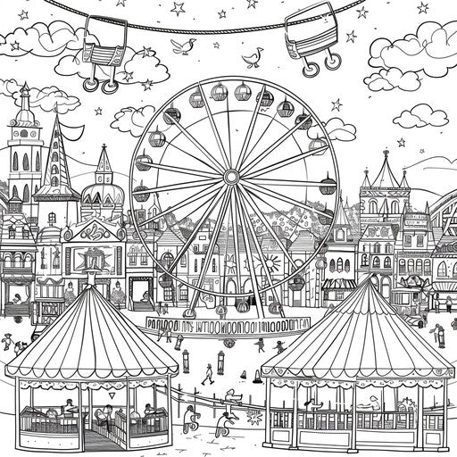 Whimsical cityscape with giant Ferris wheel and amusement park.