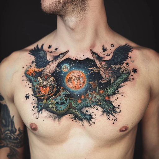 Cosmic and surreal collarbone tattoo