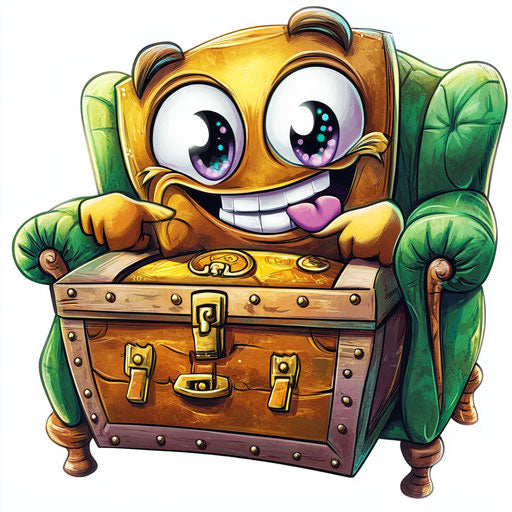 Humorous caricature of a treasure chest with human characteristics