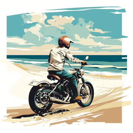 Biker on tranquil beach ride with ocean and sand