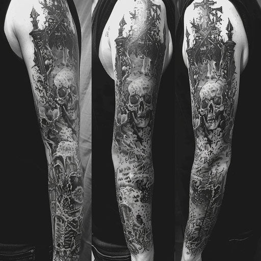 Sleeve tattoo with dark gothic elements, skulls
