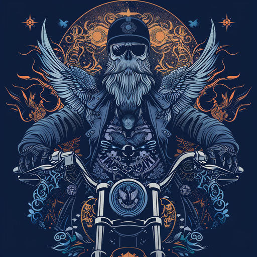 Mystical flat tattoo sketch of a biker with mystical symbols and dark, mysterious blues