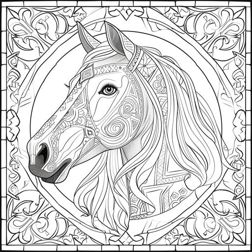 Stylized horse with geometric shapes, coloring book page