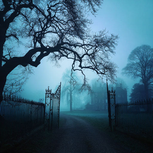 A foggy path leading to a dark old mansion