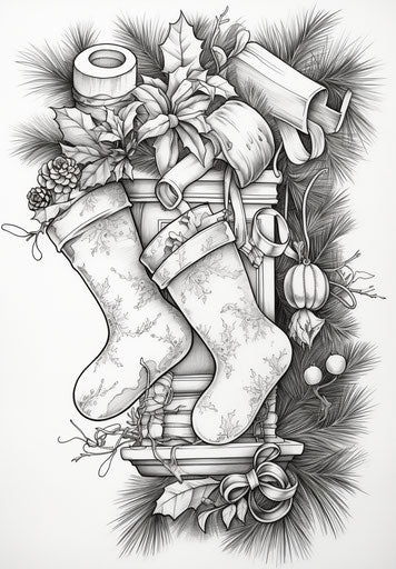 Christmas stocking coloring sheet, ink wash style