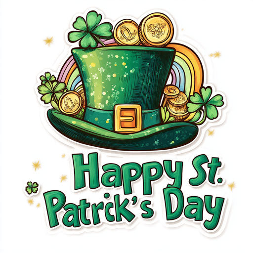 Irish hat with gold coins, rainbows, and shamrocks