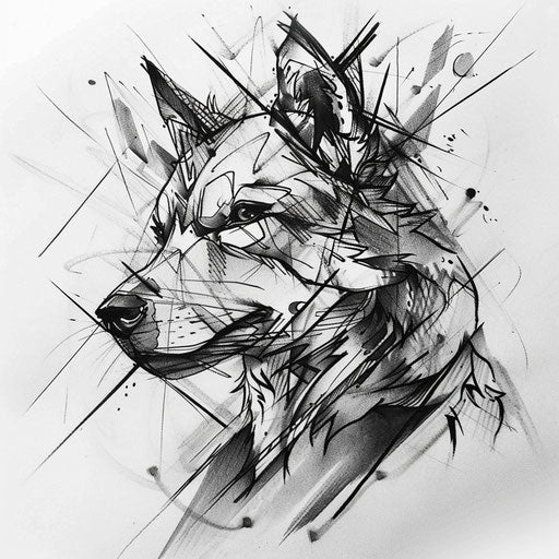 Graphic tattoo sketch of a wolf with sharp lines