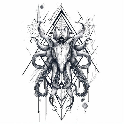 Geometric kraken tattoo concept, integrating sharp angles and abstract shapes, neatly positioned on a white background.