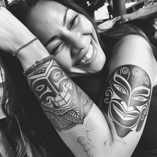 Mother and daughter tattoos with tribal elements