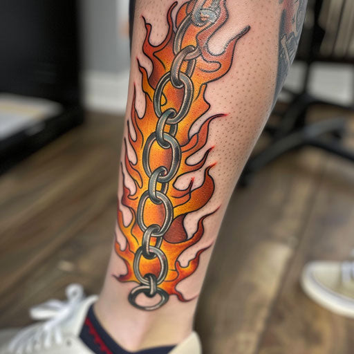 Fiery chain tattoo with flames along the links, vibrant orange and red design, on a white canvas.