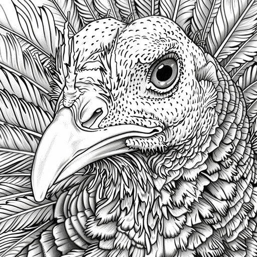 Turkey face and feathers, detailed coloring page