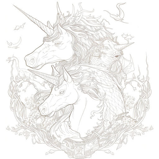 Mythical creatures in linework, dragons and unicorns on clean white background